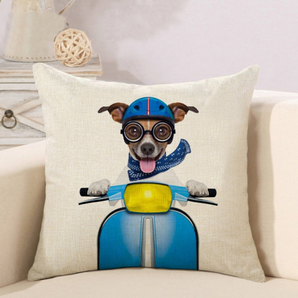 Decorative pillow case Dog on a moped 45 x 45 cm