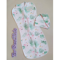 A sleeper with a zipper and a flamingo hat